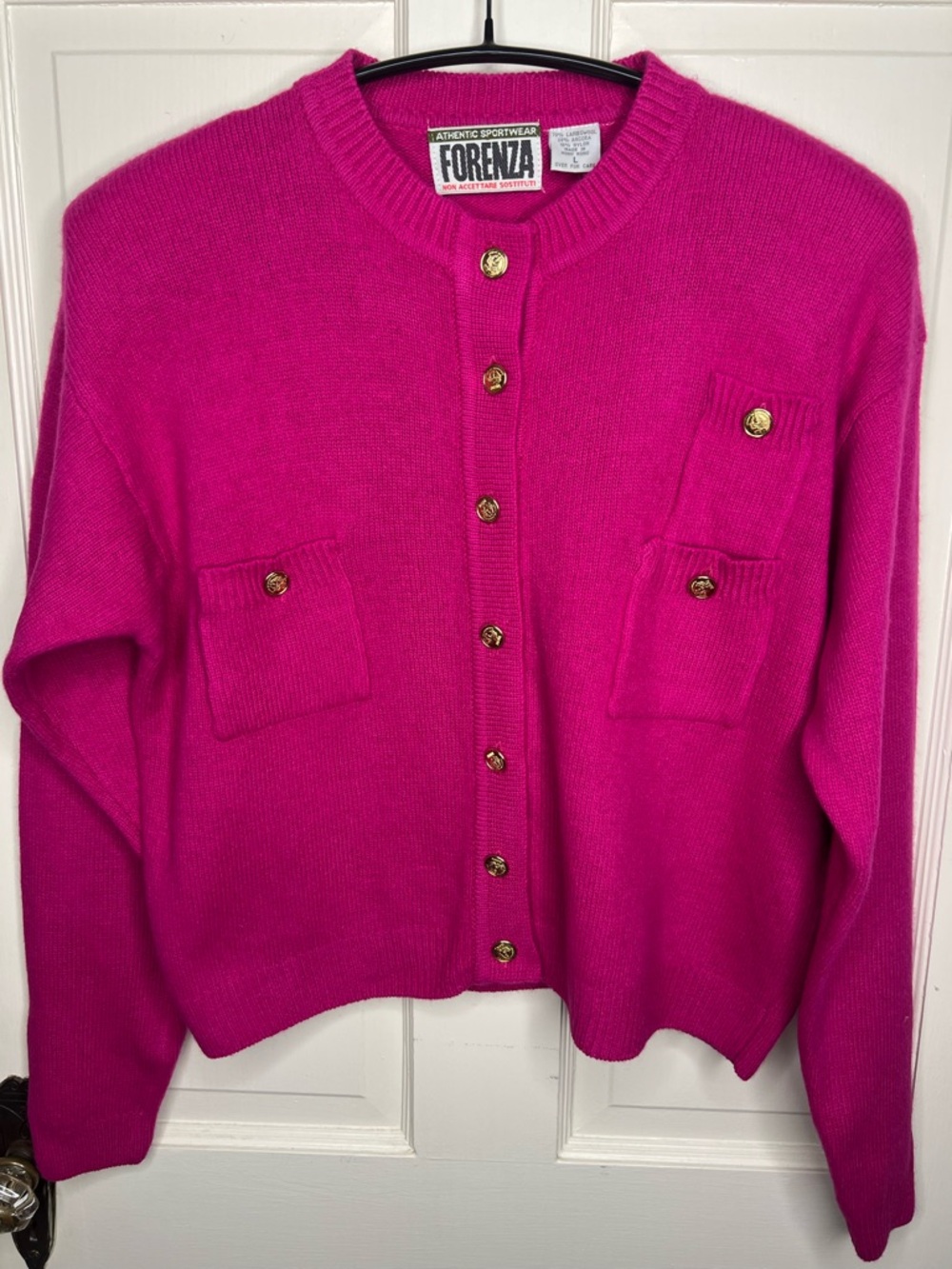 Vintage 80s Forenza Fuchsia Lambswool/Angora Blend Cardigan Sz L